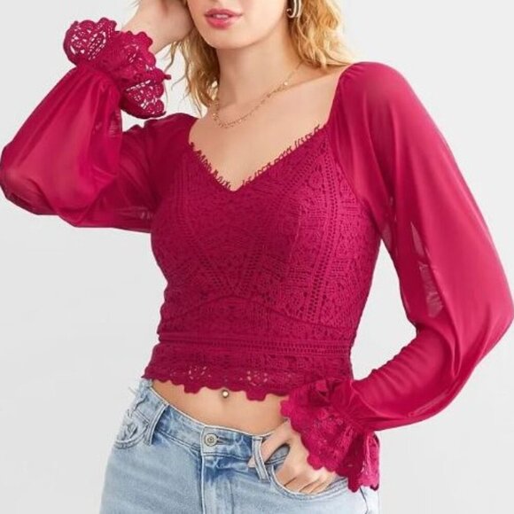 Willow + Root Crochet Cropped Top LG Fuchsia Smocked Sheer Poet Sleeves Romantic - Picture 2 of 10